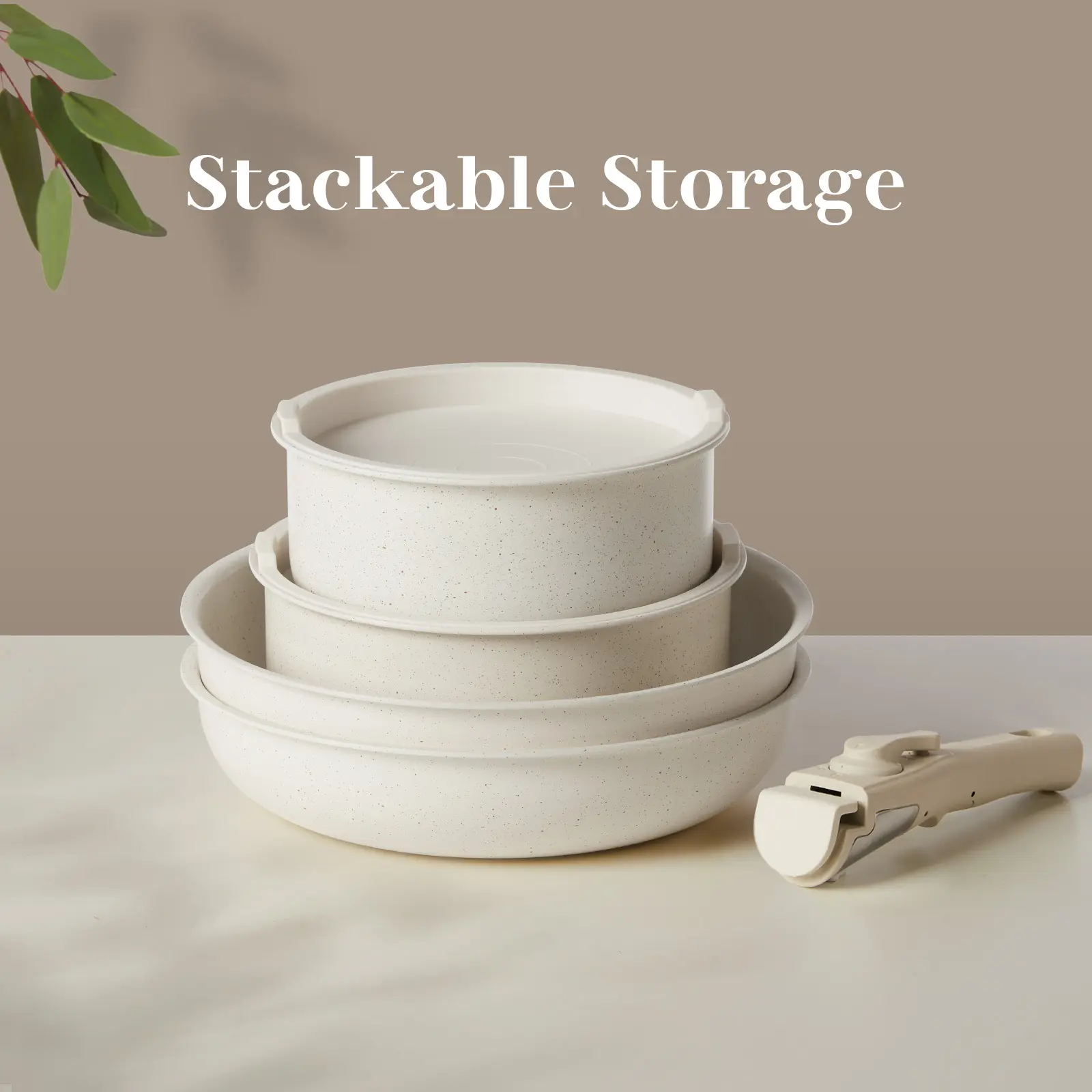 Beige 12-Pc Non-Stick Granite Cookware SET! Detachable Handles, Dishwasher Safe - Stack & Save Space! Easy Clean Healthy Kitchen Upgrade