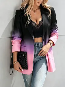 A stylish black to pink gradient women's casual blazer, featuring a striking black to purple to pink gradient design that catches the eye. Perfect for office wear, shopping, and outdoor activities ideal for both indoor and outdoor outfits