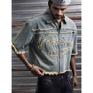 Men's High Cotton Frayed Letter Embroidery Denim Shirt Jacket, Vintage Washed Cropped Zip‑Up Short Sleeve Top, Streetwear Y2K Casual Outerwear for Men