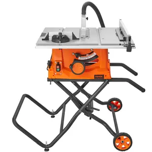 VEVOR Table Saw with Stand,  10-inch 15-Amp, Max Rip 25-in, Speed to 5000RPM, 40T Blade, Compact Portable Jobsite Saw with Sliding Miter for Wood & Furniture Crafting