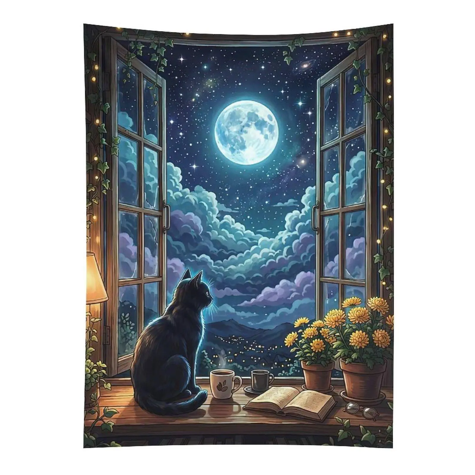 Polyester Black Cat Moon Window Tapestry - Starry Night Cozy Room Wall Hanging Home Decor