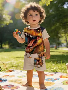 Hardcore cool and stylish Tyrannosaurus rex print short-sleeve set for infants and toddlers, casual kids' clothing, T-shirt suitable for daily and outdoor sports, Dinosaur Print. Made of 100% polyester, it's a perfect gift for infants and young children!