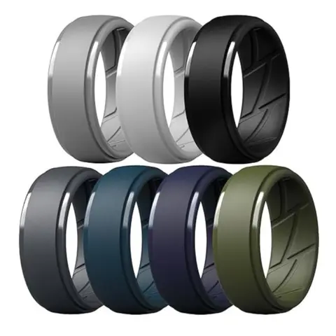 Men's Flexible Silicone Wedding Band Set 7-Pack Multi-Color Stackable Rings - 10mm Step Edge Round Band, 2mm Thick, Textured Grip, Airflow Groove, Great for Gym Workouts, Everyday Wear, Anniversary, Birthday