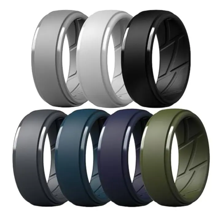 Men's Silicone Wedding Bands, 7-Pack Multi-Color Stackable 10mm Step Edge Design with Textured Grip and Air Flow Grooves, Stackable Rings, 10Mm Width, Mens Wedding Bands, Rubber, Gym Workouts, 2Mm