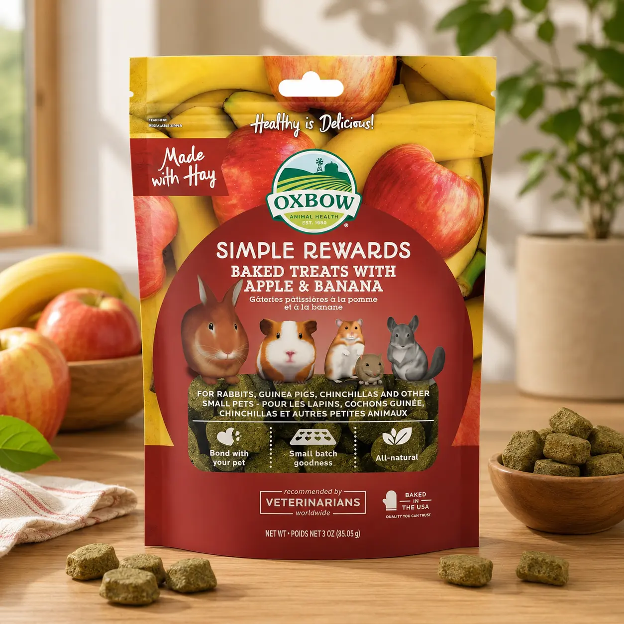 Oxbow Simple Rewards Apple Banana Small Animal Treats, Timothy Hay-Based Snack for Guinea Pigs & Bunnies, Made in USA, 3 oz Bag