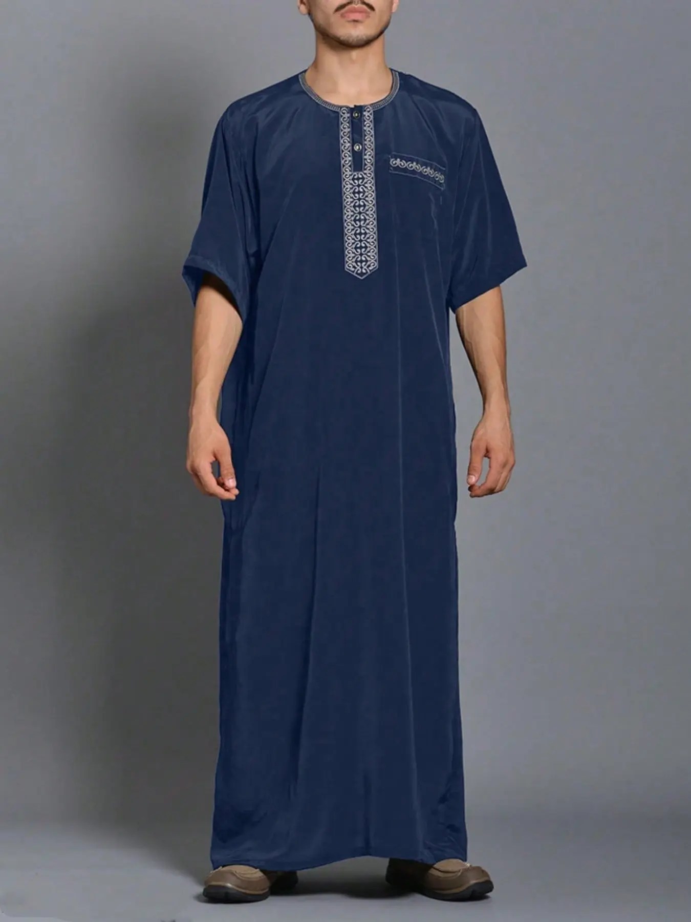 Men's Long Sleeve Shirt Casual Muslim Embroidered Modesty Arab Islamic Thobe Robe, Comfortable and Stylish, Perfect for Daily Wear, High-Quality Fabric