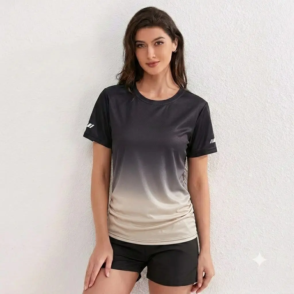 Lady's Round Neck Gradient Short-Sleeve T-Shirt - Gym Fashion, Moisture-Wicking, Lightweight Fabric, Suitable for Outdoor Activities, Gym Workouts