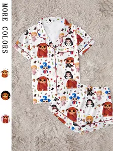 Women's Labyrinth Printed Sleepwear Set, Comfortable Two-Piece, Short Sleeve Button-Up Top and Elastic Shorts, Casual Home Wear Pjs