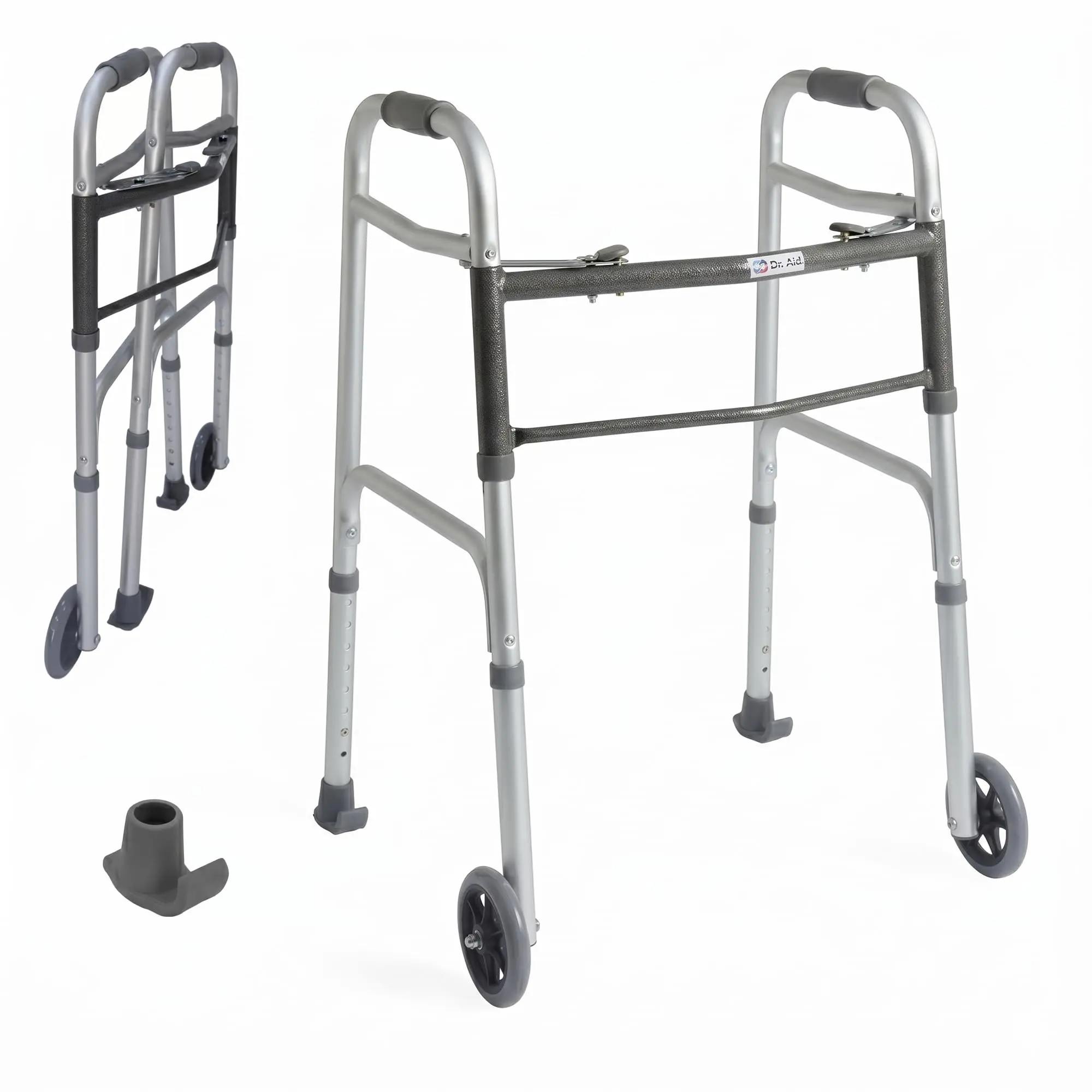 Dr. Aid 2 Button Folding Walker with Wheels, Adjustable Height, 400lbs