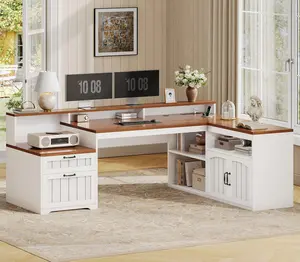 SEDETA 59 Inch Farmhouse L Shaped Desk with Drawers Office Desk with File Drawers Wood Corner Computer Desk with Storage Cabinet Home Office Desk with Monitor Stand Power Outlets