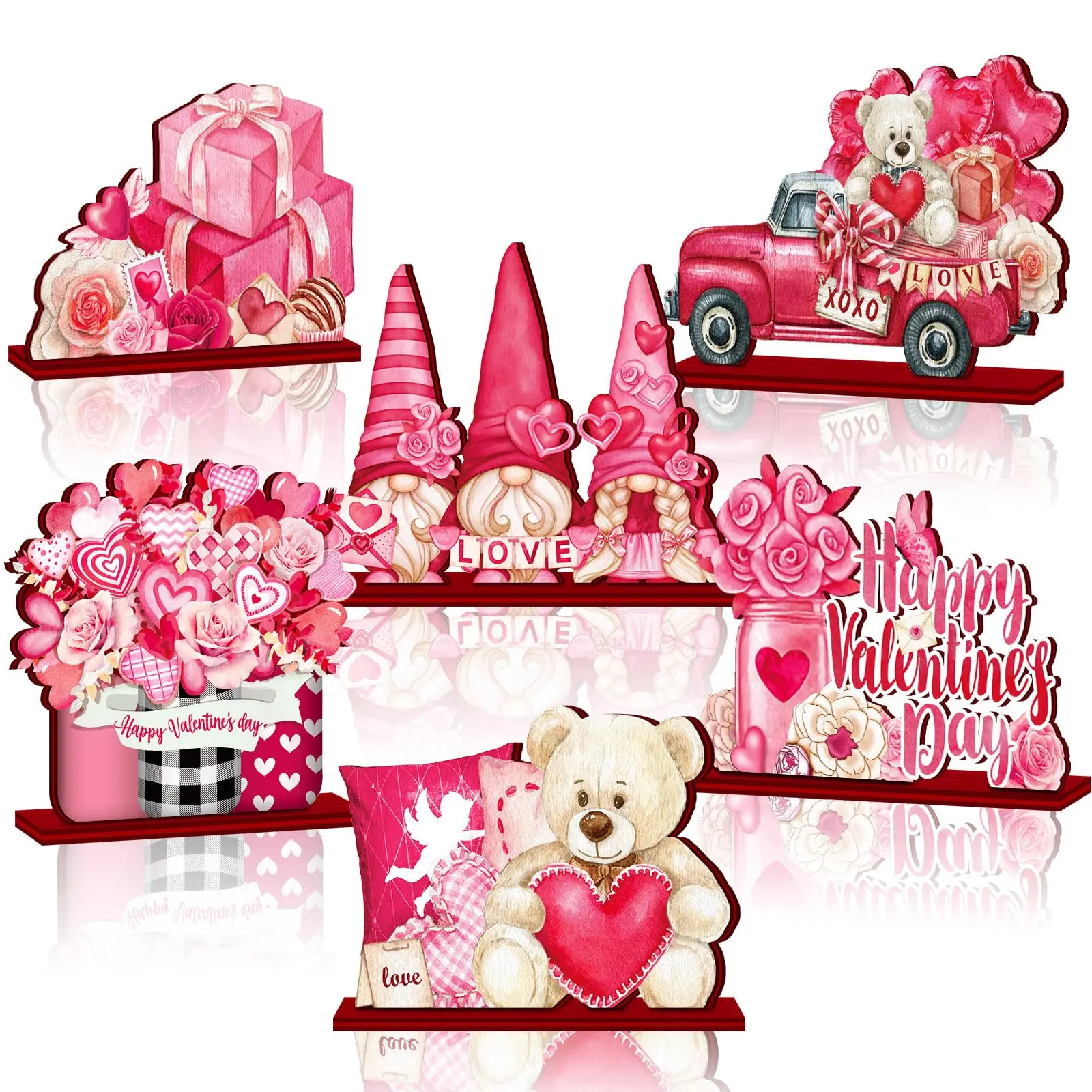 Valentine's Day Wooden Centerpiece Decor 6 Pcs, Gnome, Love Car, Bear and Rose Centerpiece Decor, Table Decor, Desktop Sign, Tabletop Sign, Desk Decor, Shelf Decor, Home Decor, Valentines Gift Ideas for lover, wife, girlfriend, Coouple