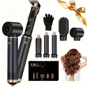 5-In-1 Hot Air Styler Brush | Electric Hair Straightener & Curling Iron with Interchangeable Attachments, Suitable for Wet Or Dry Hair, Anti-Scald Feature, Fluffy Texture