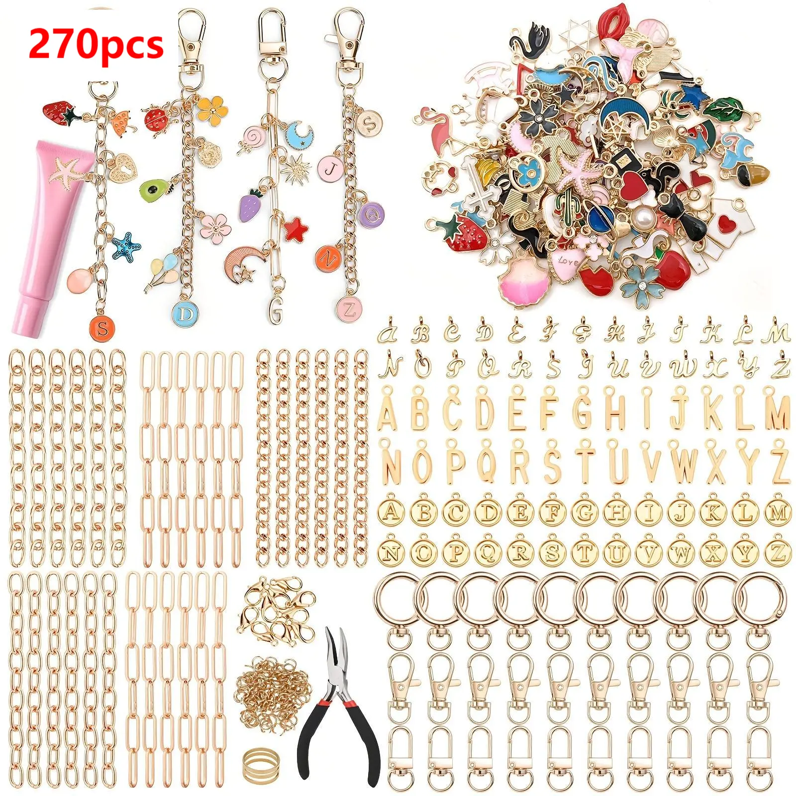 270pcs Lip Gloss Keychain Making Kit with Alphabet, Number, Heart & Flower Charms, Golden-Tone Hardware (Hooks, Jump Rings, Lobster Clasps, Chains) & Tools - Jewelry Craft Set for Christmas Gifts, Birthday Party Favors, Keychain - All-In-One Starter Beads