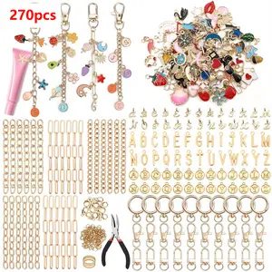 270pcs Lip Gloss Keychain Making Kit with Alphabet, Number, Heart & Flower Charms, Golden-Tone Hardware (Hooks, Jump Rings, Lobster Clasps, Chains) & Tools - Jewelry Craft Set for Christmas Gifts, Birthday Party Favors, Keychain - All-In-One Starter Beads