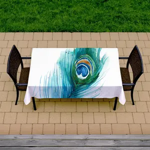 360 stand Blue Peacock Feather Tablecloth - 58x102 in., Picnic Table Cover, Patio Furniture Accessory, Indoor Room Decor & Outdoor Dining Table Decor