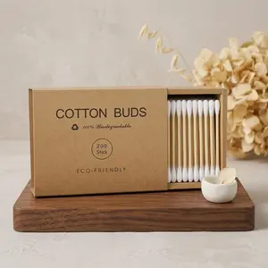 200-Count Disposable Bamboo Cotton Swabs - 100% Biodegradable, Eco-Friendly Wooden Dual-Tipped Sticks, Plastic-Free, for Ear Care, Cosmetics Application, Sensitive Skin, Kraft Drawer Box