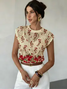 Floral Print Round Neck Fitted Short Sweater Top, Casual Elegant Chic Sleeveless Knitwear Floral Design Knit Womenswear for Spring Summer Fall, Comfortable Warm Women's Clothing