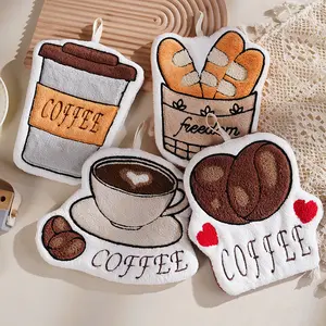 Coffee style hand towel, thickened coral fleece embroidered towel, cute hand towel, kitchen bathroom towel