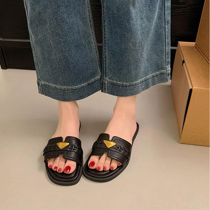 Women's Elegant Gold Triangle Accent Open Toe Mules - Comfortable Flat Sandals for Commuting & Summer Outings