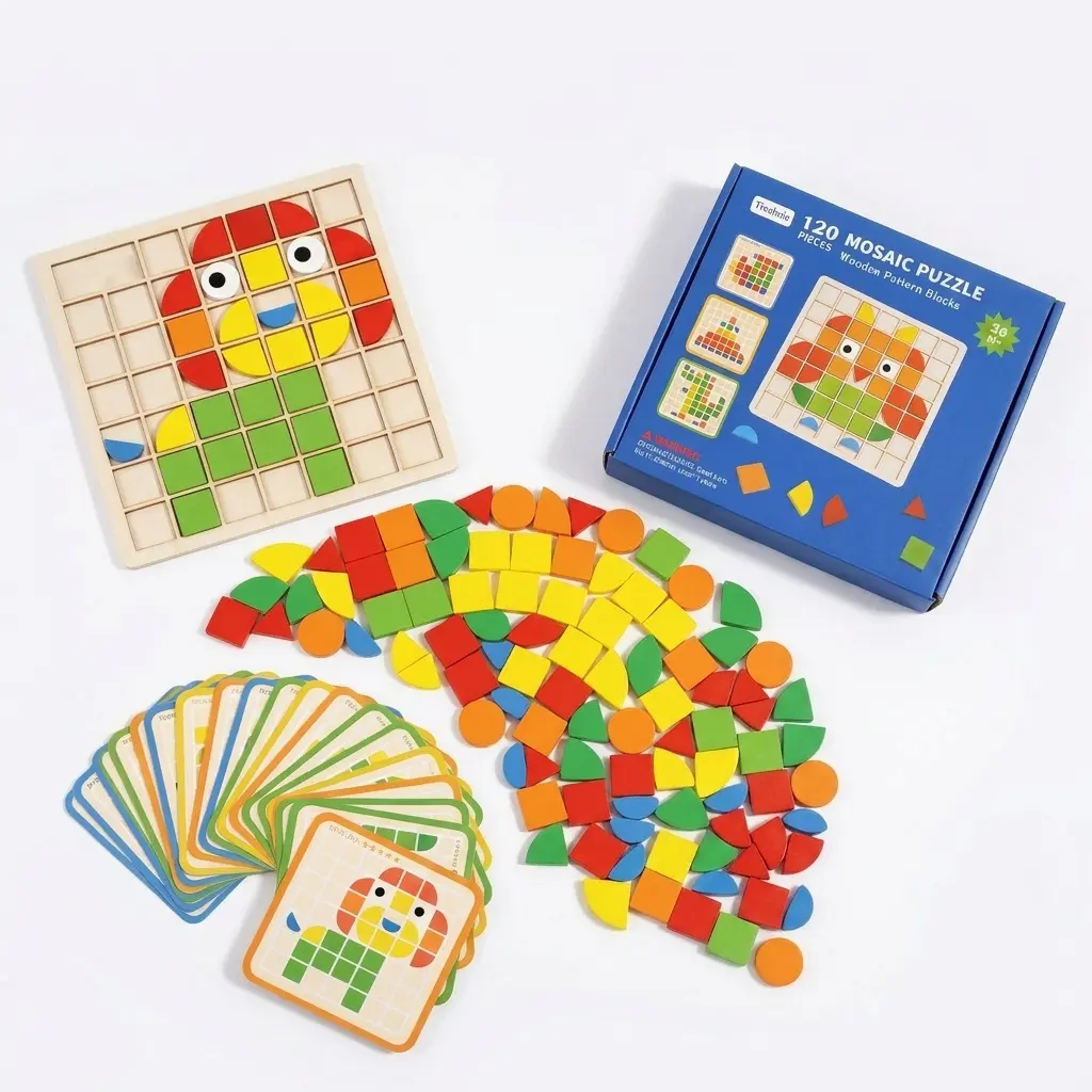 Christmas Holiday Gift for Kids, 120 Pcs Wooden Pattern Blocks Mosaic Puzzle, Montessori Educational STEM Toy Ages 3+, Preschool Shape Color Matching Board with 20 Double-Sided Cards, Fine Motor Skills Toy