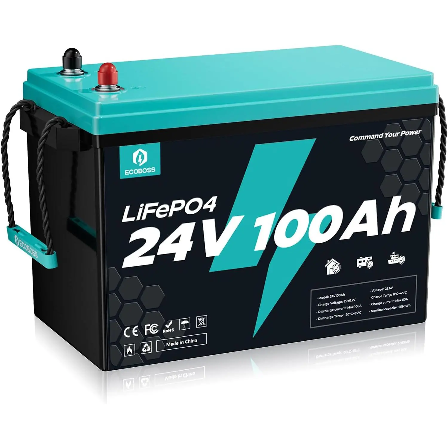 [Summerfinds] ECOBOSS 24V 100Ah LiFePO4 Power Supplies, 2560Wh Durable Solar Rechargeable Battery with Built-in 100A BMS, 15000+ Cycles, Low Temp Cutoff for Solar, RV, Off-Grid Backup Power (Father's Day Gift)