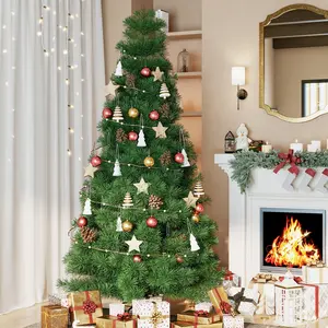 Pre-lit Artificial Green Spruce Christmas Tree Decoration - Hinged Xmas Tree with 347 Branch Tips, 120 Incandescent Lights, Foldable Base, and Ornaments