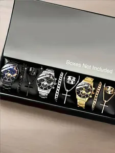 Men's 3-piece/set luxury alloy quartz watch with calendar paired with 9-piece/set bracelet necklace ring set