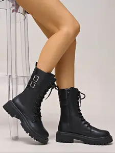 Women's Mid-Calf PU Leather Boots, Casual Winter Shoes with Buckle Strap, Round Toe Side Zipper Motorcycle Boots