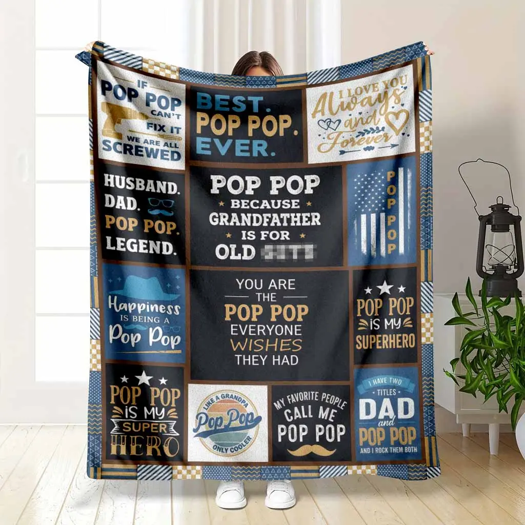 Pop Pop Quotes Flannel Blanket Grandpa Appreciation Typography Print Design Soft Warm Cozy Durable Throw Perfect for Sofa Bedroom Living Room Father’s Day Anniversary Gift summerwins Summervibes, dealsforyou, midyearsale, restock, dealsforyoudays, DFYD