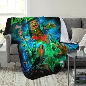 Halloween 1pc Horror Theme Flannel Blanket - High-Definition Printed Leprechaun Design, Machine Washable &, All-Season Warmth for Home, Camping, Travel - Contemporary Style Mixed Colors, Camping Warmth, Vibrant Illustration, Soft Texture 277