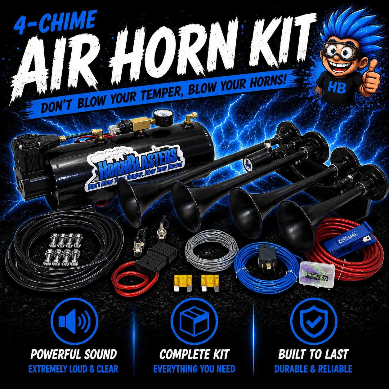 HornBlasters 4-Chime 3-Liter Air Horn Kit | 12-Volt DC | 120 PSI 3-Liter Air System