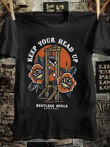 Men’s 180GSM 100% Cotton Graphic Tee Keep Your Head Up Restless Souls Guillotine Orange Roses Print Vintage Casual Streetwear Soft Breathable Short Sleeve Crewneck Loose Fit Everyday Wear Bold Aesthetic Fashion Top