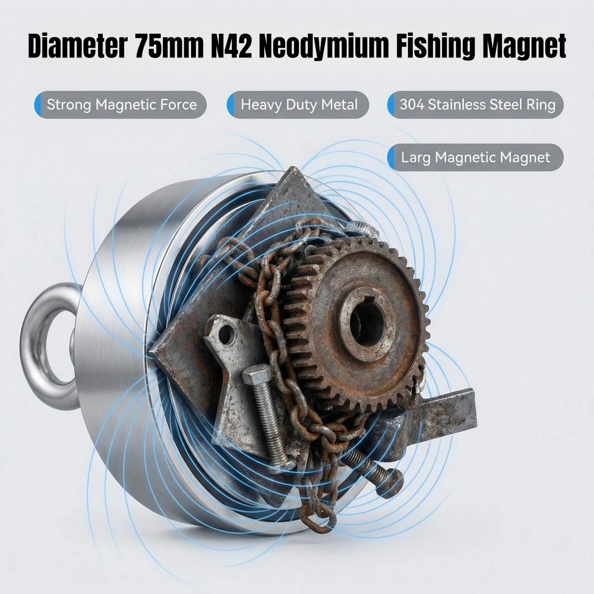 N42 Neodymium Fishing Magnet 675LB Pull Force 75mm Diameter Heavy Duty Lifting Magnet with 20M Rope Grappling Hook Complete Kit for Underwater Salvage Treasure Hunting