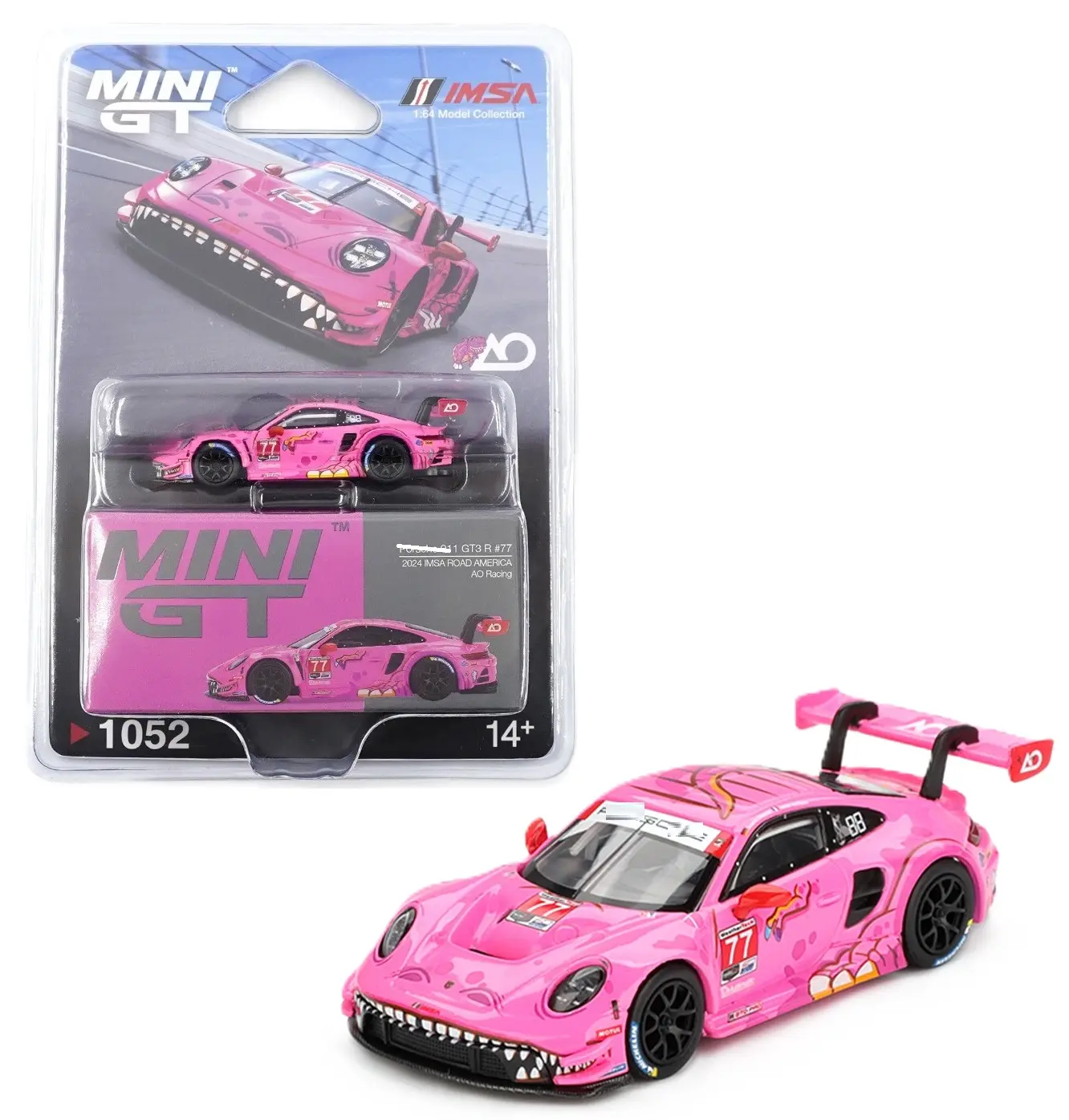 Mini GT 1:64 Porsche 911 GT3 R #77 AO Racing 2024 IMSA Road America Pink Roxy MGT01052
