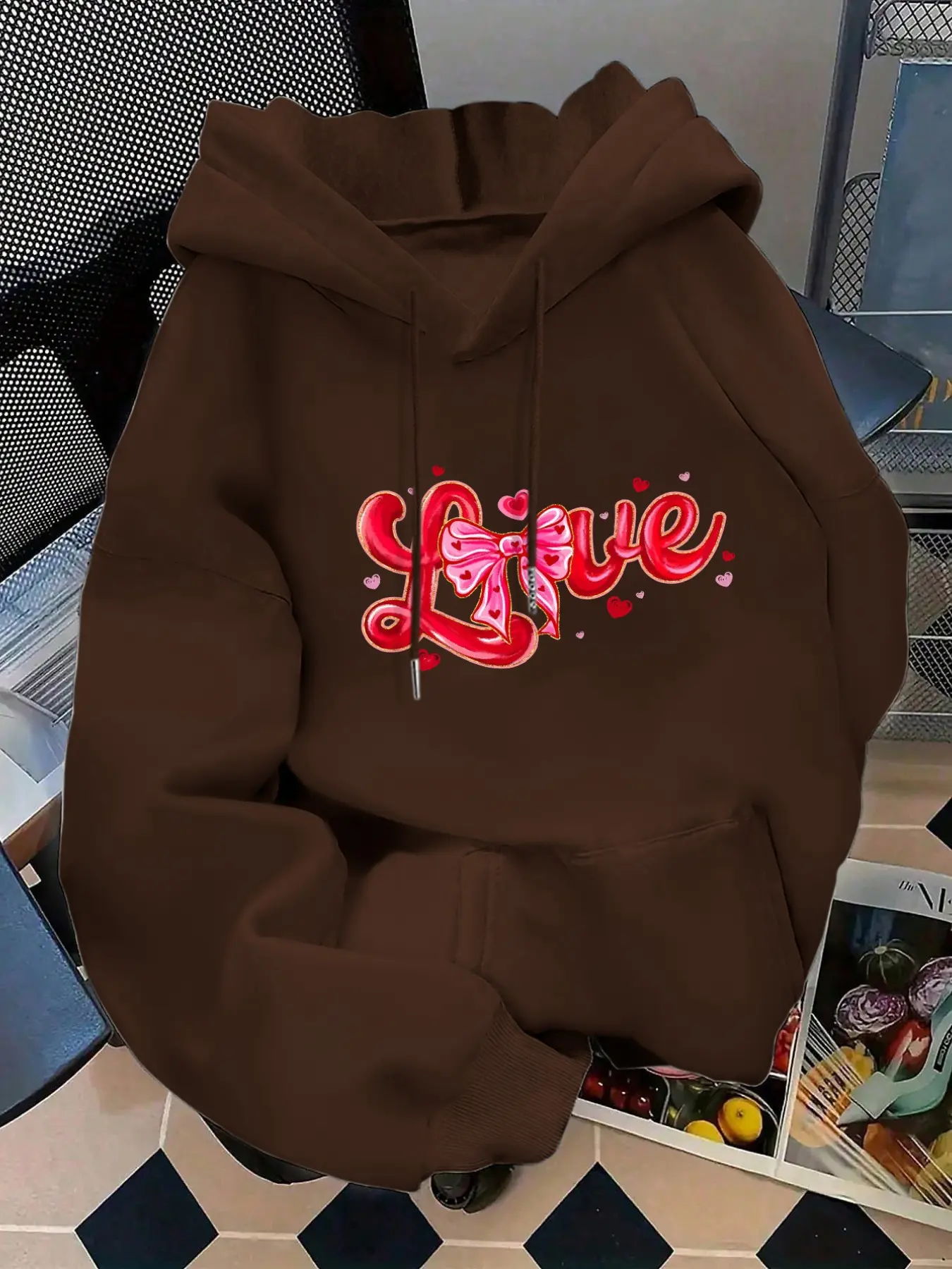 Women's Fashion Hooded Sweatshirt Tops, Valentine's Day Love Print Pullover, Kangaroo Pocket, Long Sleeve, Casual Fall & Winter Wear, Fashion Hoodie, Hoodie Clothing Tops
