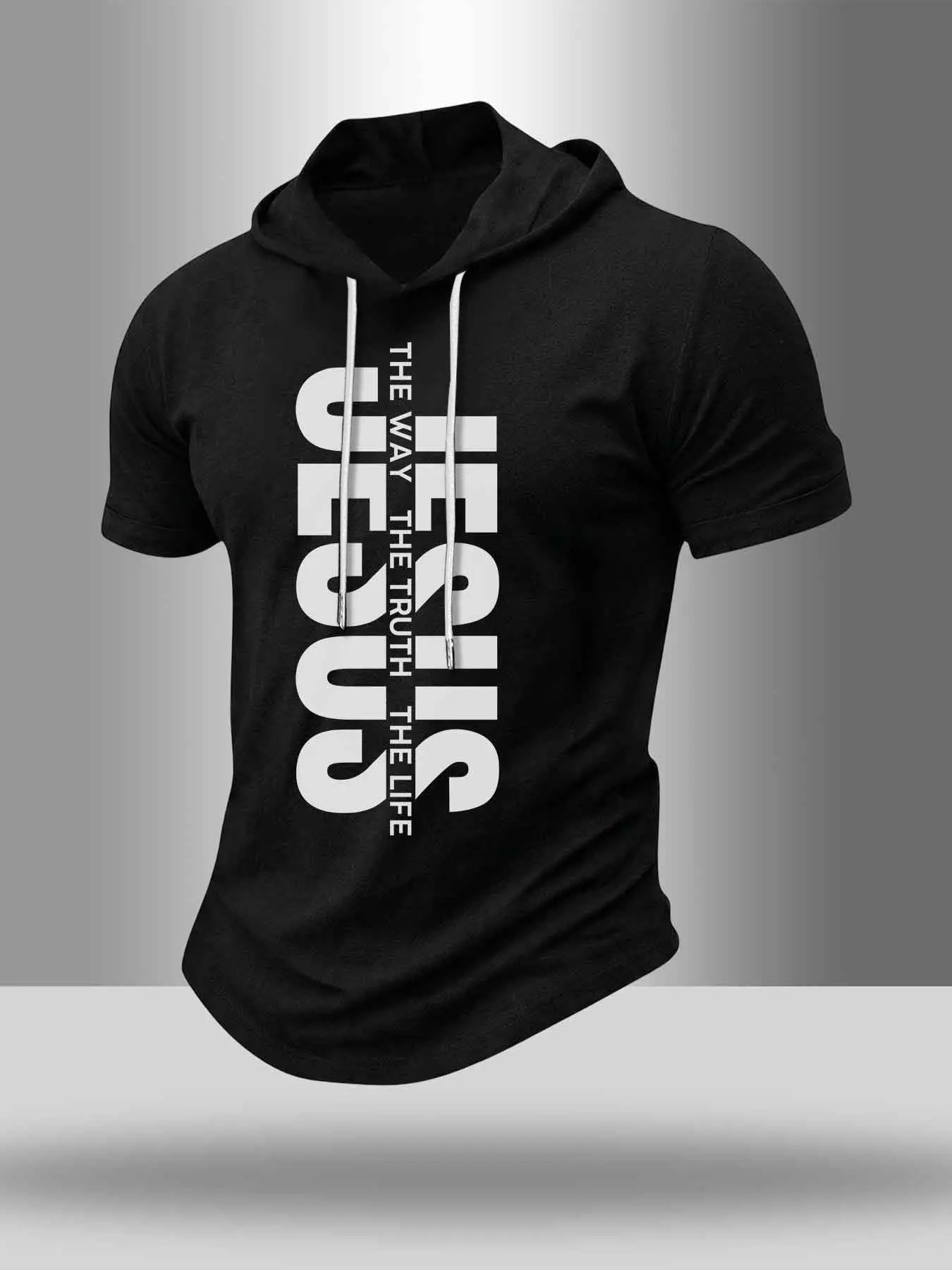 Men's "JESUS THE WAY THE TRUTH THE LIFE" Short Sleeve Hooded T-Shirt, Christian Faith Inspired Hoodie Workout Tee, Slim Fit Casual Fashion Wear Everyday Hoodie Top for Gym, Fitness, Religious Gift #tiktokmademebuyit