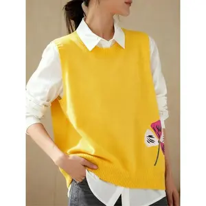 (New)NewElegant Floral Print Sleeveless Knit Top, High Stretch Acrylic Round Neck Pullover, Casual Fitted Crop Sweater for Fall & Winter Can be used with raincoat(Gift)11