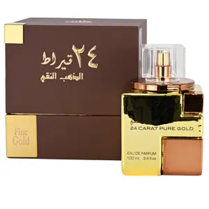 Lattafa 24 Carat Pure Gold Unisex EDP Perfume - 3.3/3.4 oz, New in Box, Warm Spicy Smoky Musk Unisex Fragrance with Amber, Vanilla, Cinnamon, Incense, Leather, Rose & Sandalwood Notes