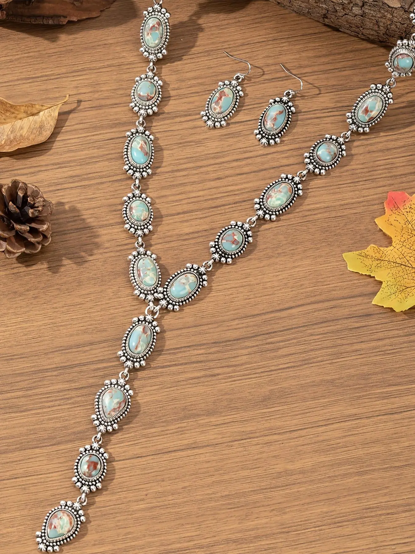 Boho Style Matching Jewelry Set, Vintage Fashion Long Necklace & Dangle Earrings, Necklace And Earring Set, Trendy All-match & Exquisite Jewelry Set for Birthday Gift, Turquoise Jewelry Set
