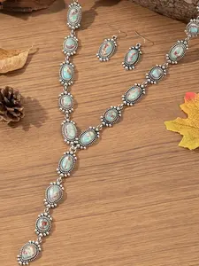 Boho Style Matching Jewelry Set, Vintage Fashion Long Necklace & Dangle Earrings, Trendy All-match & Exquisite Jewelry Set for Birthday Gift, Turquoise Jewelry Set