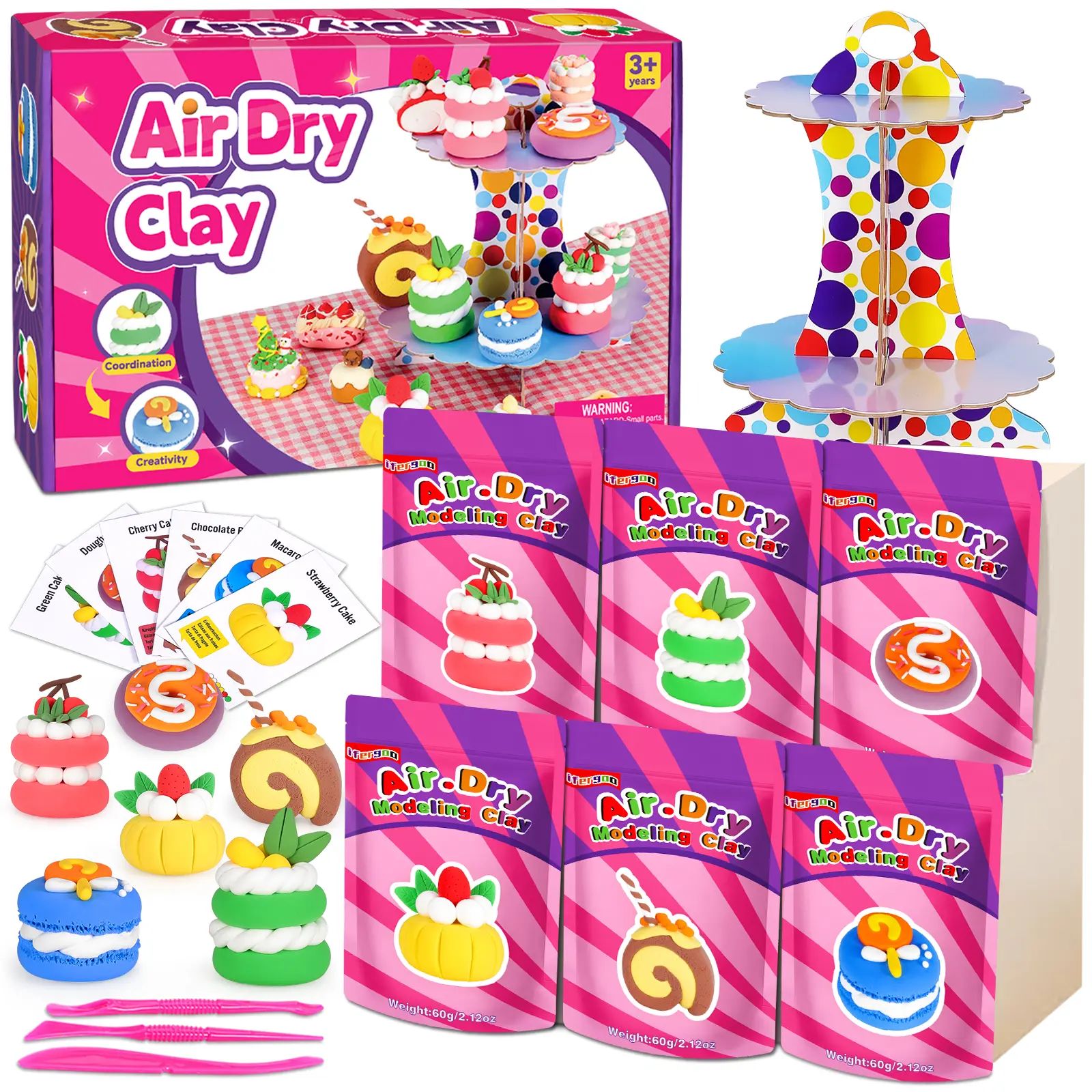 Kids DIY Air-Dry Magic Clay Dessert Themed Kit - 6 Mini Desserts, Display Stand, Sculpting Crafting Activities Set, Great Gift for Kids for Birthdays, Afternoon Tea Parties