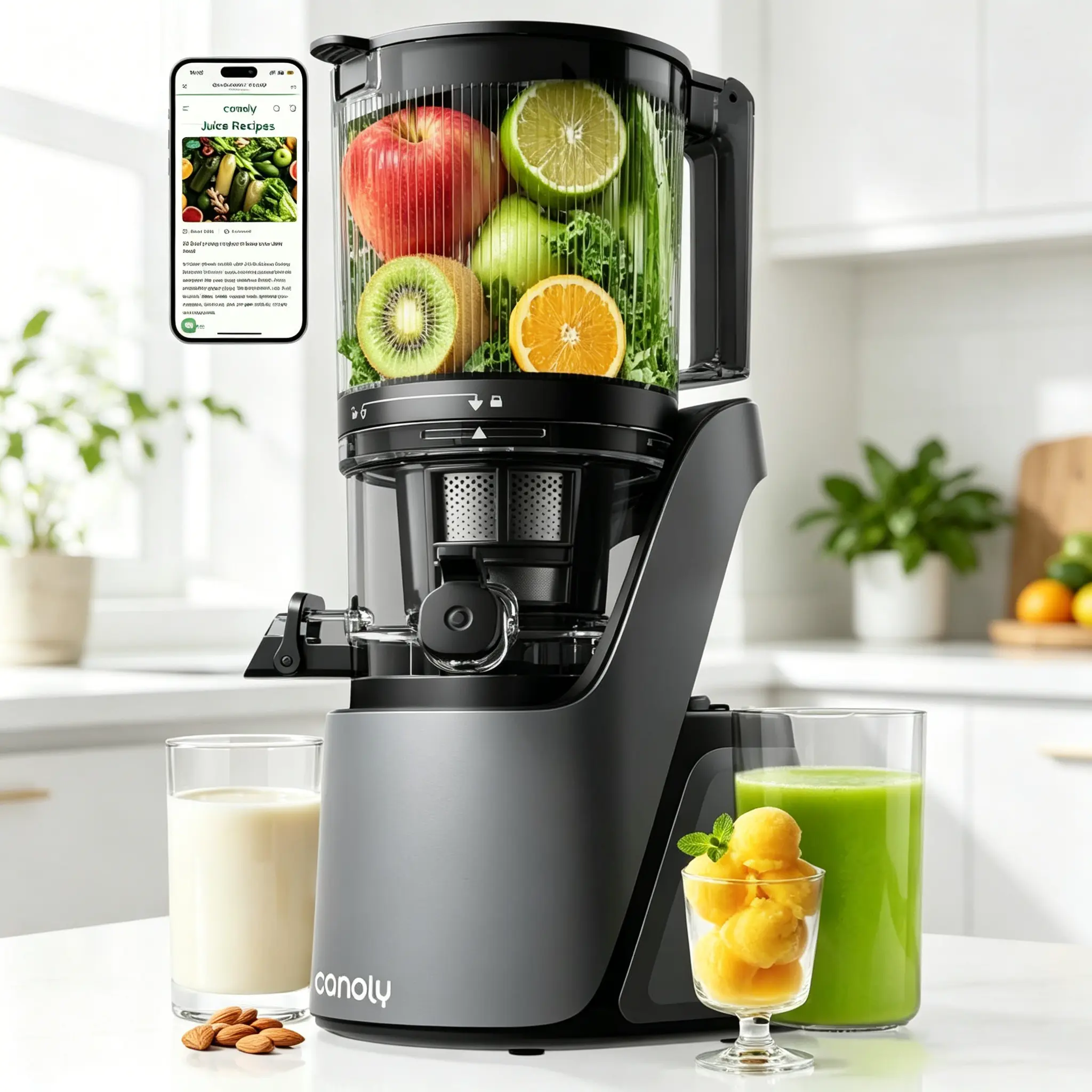 Canoly C16 Cold Press Juicer with 6" Extra Wide Feed Chute, 3-IN-1 Strainers (Juice, Sorbet, Nut Milk for Nuts), Powerful AC Brushless Motor, Self Precut System, Detachable Blades, 2.65L Capacity, BPA-Free, Dishwasher Safe Kitchen Appliance