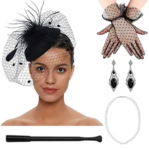 5pcs 1920s/50s Vintage Costume Accessories Set Fascinator Cocktail Hat Gloves Earrings Necklace Cigarette Holder Set Party