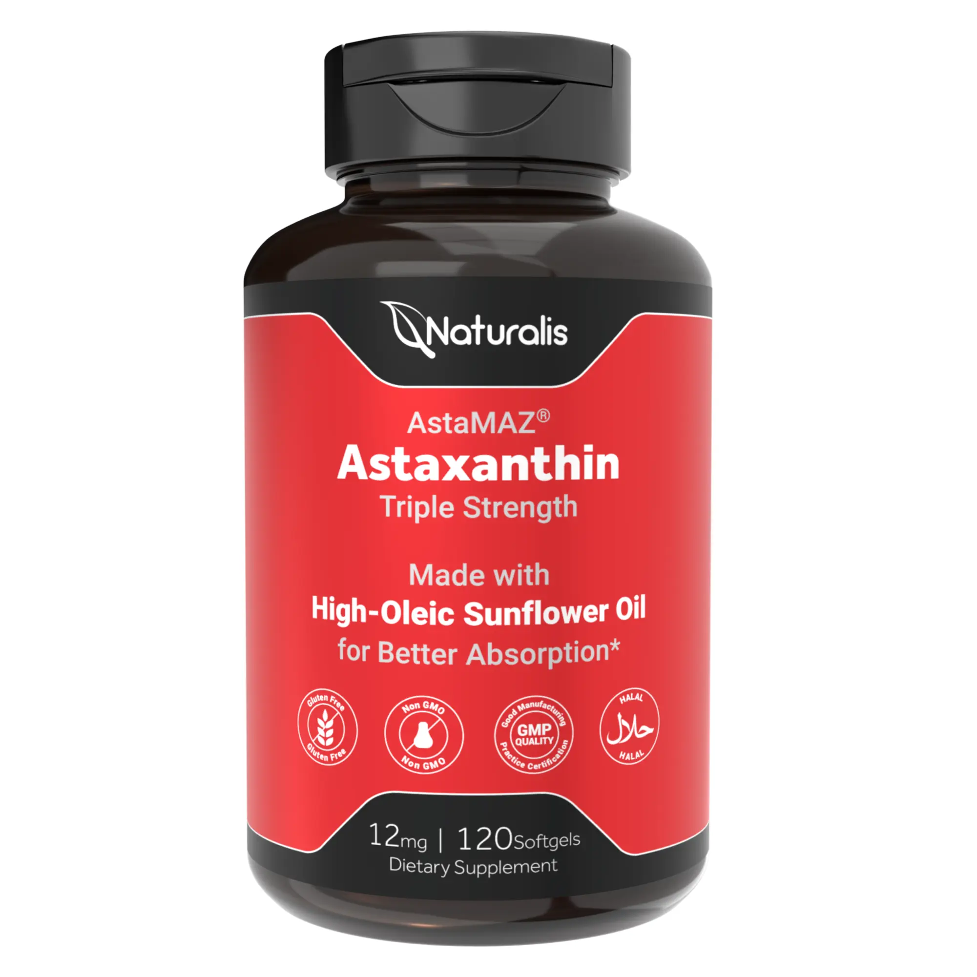 Naturalis New Zealand Astaxanthin (12mg) | Triple Strength with High-Oleic Sunflower Oil | Non-GMO, Soy & Gluten Free