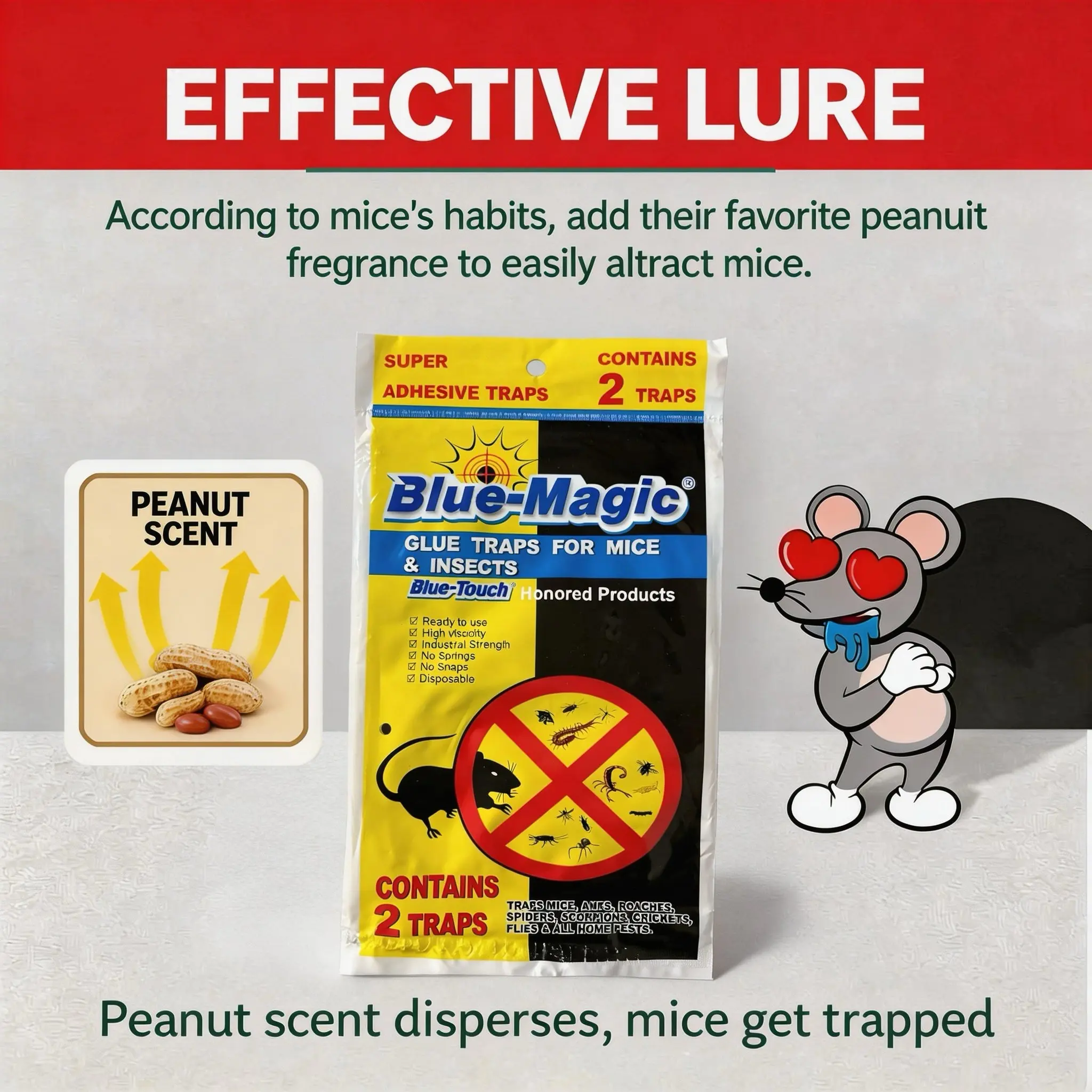 Blue-Magic Extra Sticky Traps & Insect Glue Traps, Peanut Butter Scented, Non-Toxic Heavy Duty Glue Boards for Rats & Bugs, Indoor Pest Control for Home Garage Basement Attic Farm, Large 9-Pack or Small 12-Pack, 2 Traps Per Pack