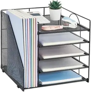 Desk Organizers and Accessories 5-Tier Paper Letter Tray Organizer with File Holder Desktop Organizer for Office Supplies Black Mesh Design