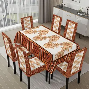 5/7-piece 2D Flat Printing Brown and White Flower Geometric Pattern Printing Pattern Tablecloth and Chair Cover Set, for dining table and chair decoration, perfect for home, holiday gatherings, restaurants, and parties.