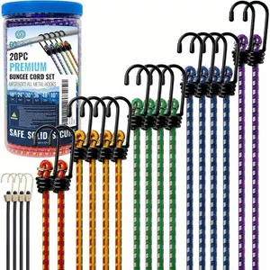 GOEASY0312 Premium Heavy Duty Bungee Cord Set - 20 Piece Colorful Synthetic Tool Kit with Hooks Organiser Steel Coated UV Resistant Elastic Latex Inner Core