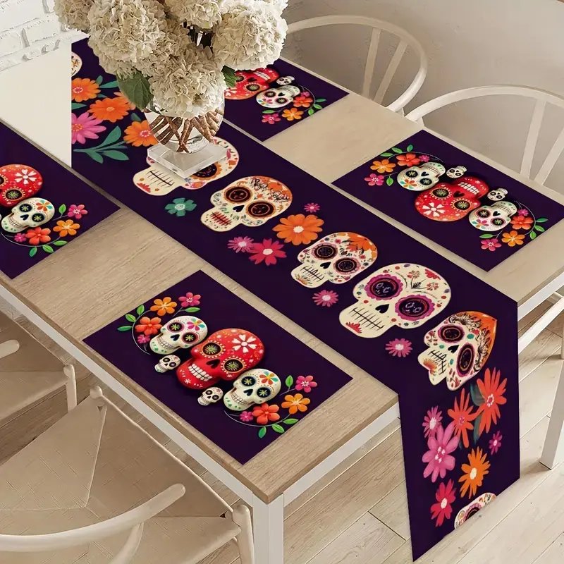 1/5/7 piece Halloween Reaper Candy Skull Flower Pattern Festival tablecloth placemat set, Rectangular, table decoration, kitchen and dining room tabletop decoration, suitable for seasonal celebrations, daily decoration, holiday gifts