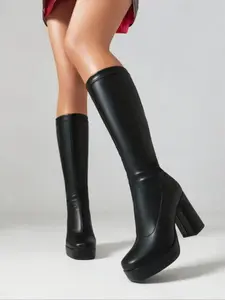 Women's French Style High Heel Waterproof Platform Boots, Fashionable Short Ankle Booties for Fall & Winter, New Square Toe Slim Fit Design